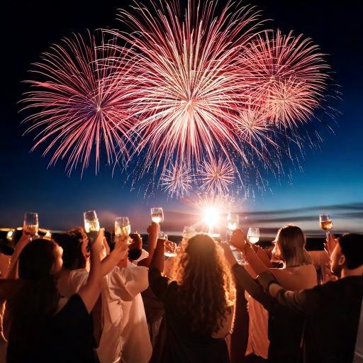 Firefly Viele gutgelaunte Menschen trinken Wein bei Feuerwerk 14934
