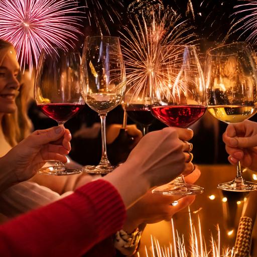 Firefly Viele gutgelaunte Menschen trinken Wein bei Feuerwerk vor Kompositionsreferenz 67091
