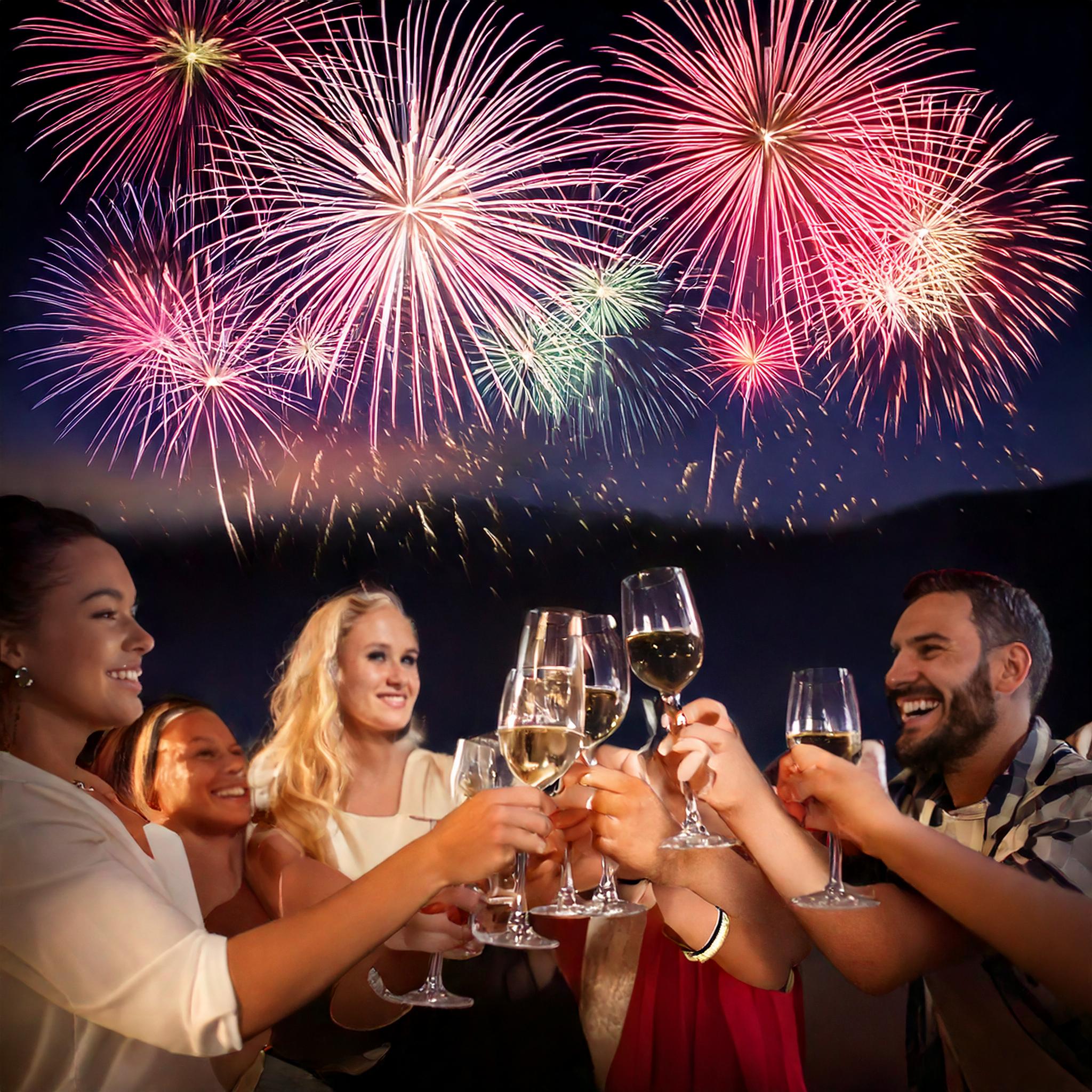 Firefly viele fröhliche Menschen trinken wein unter Feuerwerk 83191